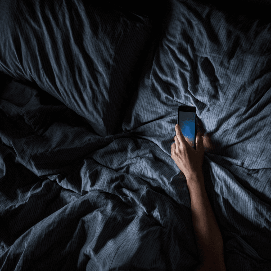Hand reaching for a phone in a dark bed at night